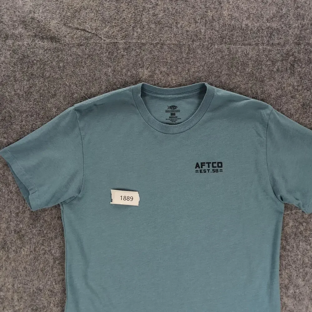 AFTCO Shirt Mens Medium Blue Mountain Sunset Graphic Outdoor Tee Logo Casual
